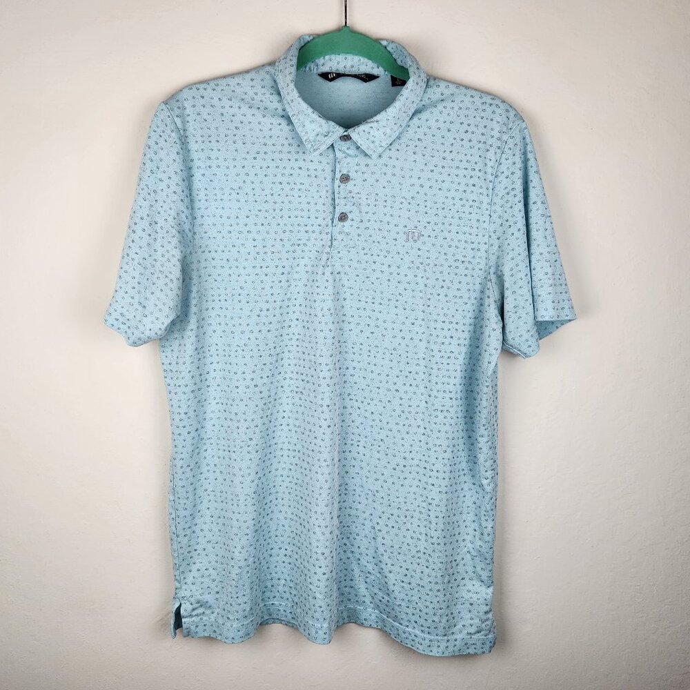 Travis Mathew Thundersnow Short Sleeve Polo Shirt Blue Geo Print sz L